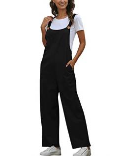 Latzhose Damen Jumpsuit Sommer Loose Fit Baggy Jumpsuit Ärmellos Overall Baumwolle Strampler Casual Lange Wide Leg Playsuit Hose mit Tasche Schwarz 2XL von SotRong