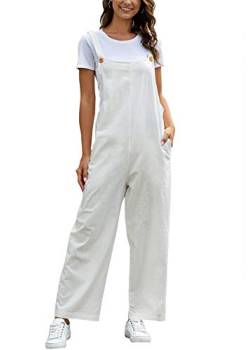 Latzhose Damen Jumpsuit Sommer Loose Fit Baggy Jumpsuit Ärmellos Overall Baumwolle Strampler Casual Lange Wide Leg Playsuit Hose mit Tasche Weiß L von SotRong