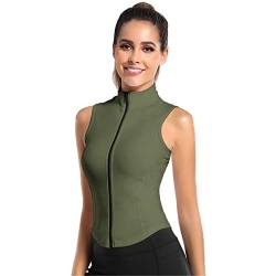 SotRong Ärmellose Trainingsshirts für Damen Durchgehender Reißverschluss Yoga-Weste Schmale Passform Sport-Tanktops Armeegrün M von SotRong