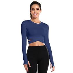 SotRong Damen Crop Top T-Shirt Langarm Sportshirt Sexy Sport Oberteil Bauchfrei Sommer Laufshirt Funktionsshirt Atmungsaktiv Leicht Yoga Fitness Shirts Schnelle Trockene Sporttop Marineblau M von SotRong