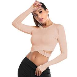 SotRong Damen Crop Top T-Shirt Langarm Sportshirt Sexy Sport Oberteil Bauchfrei Sommer Laufshirt Funktionsshirt Atmungsaktiv Leicht Yoga Fitness Shirts Schnelle Trockene Sporttop Rosa M von SotRong