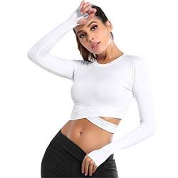 SotRong Damen Nahtlos Longsleeve Laufshirt Cross Bandage Yoga Gym Crop Top Kompression Workout Athletisches Langarmhemd mit Daumenlöchern Frauen Sport Oberteile Weiß S von SotRong