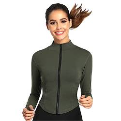 SotRong Damen Sportjacke mit Stehkragen, schmale Passform, Durchgehender Reißverschluss, leicht, Durchgehender Reißverschluss Yoga Laufen T-Shirt Armeegrün M von SotRong