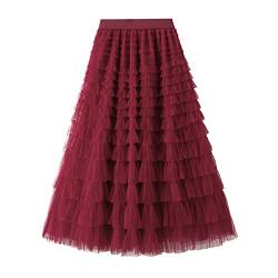 SotRong Damen Tüllrock Elastische Taille Lange Stufige Röcke Mehrschichtige Porm Faltenröcke Mesh Tutu Röcke Puffy Prinzessin Party Maxi Röcke, A-Wine Red, Einheitsgröße von SotRong