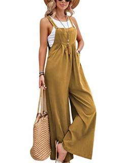 SotRong Gelb Latzhose Damen Weite Bein Schlag Jumpsuit mit Tasche Loose Fit Baggy Playsuits Sommer Boho Strampler Ärmellos Riemchen Overalls Casual Adjustable Bib Pants 2XL von SotRong