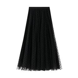 SotRong Gepunktet Tüllrock Schwarz Damen Midi Überlagerter Mehrlagiger Elastischer Hoch Taillierter A Linien Tutu Rock Mesh-Chiffon-Faltenrock mit Blumendekoration von SotRong