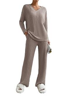 SotRong Geripptes Loungewear-Set für Damen 2-teilig Trainingsanzug Komplettes Set Damen-Pyjama-Set Loungewear Nachtwäsche Hauskleidung Khaki M von SotRong