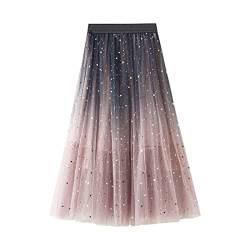 SotRong Glitzer Tüllrock Rosa Damen Midi Überlagerter Mehrlagiger Elastischer Hoch Taillierter A Linien Tutu Rock Mesh-Chiffon-Faltenrock mit Blumendekoration von SotRong