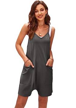 SotRong Jumpsuit Damen Kurz Sommer Hot Shot Onesie Locker Overall Ärmelloser V-Ausschnitt Jersey Playsuit Oversize Baggy Latzhosen mit Taschen Strand Boho Romper für Urlaub Reisen Dunkelgrau 2XL von SotRong