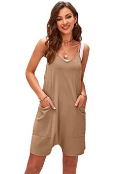 SotRong Jumpsuit Damen Kurz Sommer Hot Shot Onesie Locker Overall Ärmelloser V-Ausschnitt Jersey Playsuit Oversize Baggy Latzhosen mit Taschen Strand Boho Romper für Urlaub Reisen Khaki S von SotRong