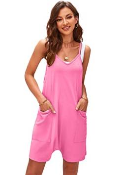 SotRong Jumpsuit Damen Sommer Kurz Solid V-Ausschnitt Sling Pocket Short Jumpsuit für Frauen Hot Shot Onesie Jersey Playsuit Sommer Boho Strampler Loose Baggy Cami Overalls Rosig XL von SotRong