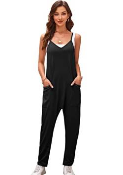 SotRong Jumpsuit Damen Sommer Lang Lässige Damen-Overalls übergroß Ärmellos Baggy-Playsuit Spaghettiträger Lockere Overalls mit Tasche Einteilig Sommer-Boho-Strampler Schwarz L von SotRong