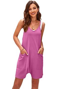 SotRong Jumpsuit Kurz Damen Sommer Solid V-Ausschnitt Sling Pocket Short Jumpsuit für Frauen Hot Shot Onesie Jersey Playsuit Sommer Boho Strampler Lose Baggy Cami Overalls Fuchsia L von SotRong