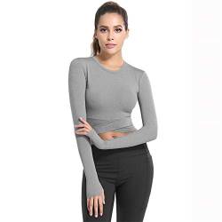 SotRong Langarm Crop Tops für Frauen Cross Wrap Workout Yoga Gym Top T-Shirts mit Daumenlöchern Damen Activewear Grau M von SotRong