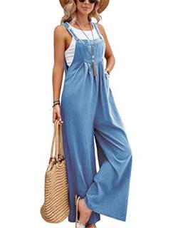 SotRong Latzhose Damen Weite Bein Schlag Jumpsuit mit Tasche Loose Fit Baggy Playsuits Sommer Boho Strampler Ärmellos Riemchen Overalls Casual Adjustable Bib Pants Hellblau S von SotRong