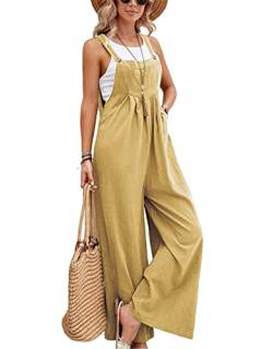 SotRong Latzhose Damen Weite Bein Schlag Jumpsuit mit Tasche Loose Fit Baggy Playsuits Sommer Boho Strampler Ärmellos Riemchen Overalls Casual Adjustable Bib Pants Hellgelb 2XL von SotRong