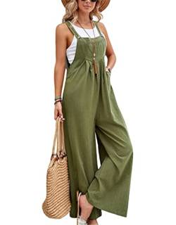 SotRong Latzhose Damen Weite Bein Schlag Jumpsuit mit Tasche Loose Fit Baggy Playsuits Sommer Boho Strampler Ärmellos Riemchen Overalls Casual Adjustable Bib Pants Militärgrün L von SotRong