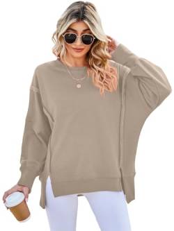 SotRong Oversized Sweatshirt Frauen Langarm Rundhals Y2K Tops Baggy Loose Fit Pullover Jumper mit Seitenschlitz, khaki, 38 von SotRong