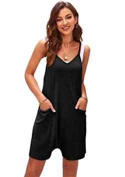 SotRong Sommer Jumpsuit Damen Kurz Hot Shot Onesie Locker Overall Ärmelloser V-Ausschnitt Jersey Playsuit Oversize Baggy Latzhosen mit Taschen Strand Boho Romper für Urlaub Reisen Schwarz 2XL von SotRong