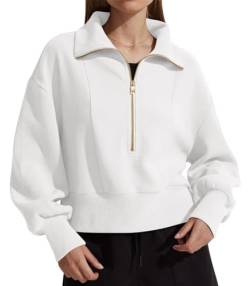 SotRong Sweatshirt mit halbem Reißverschluss für Damen, Übergröße, Stehkragen, Sweatshirt, lässig, langärmelig, thermisch, gerippter Pullover, Oberteil mit Seitenschlitz, weiß, 36 von SotRong