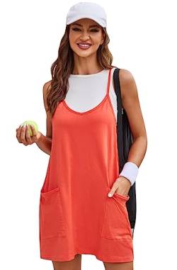 SotRong Träger-Sommerkleider für Damen, UK-Hot-Shot-Minikleid, ärmellos, V-Ausschnitt, Baumwolle, Golf, athletisches Training, Workout, Tenniskleid mit separater Cami und Shorts, Orange, X-Large von SotRong