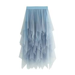 SotRong Tüllrock Blau Damen Karneval Asymmetrisch Midirock Elastisch Hohe Taille Plissee Stufendecke Sommerrock Elegant Mesh Ballett Hochzeit Party Abschlussball Tutu Rock von SotRong