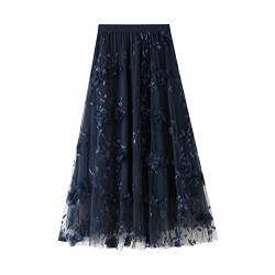 SotRong Tüllrock Blau Damen Midi Überlagerter Mehrlagiger Elastischer Hoch Taillierter A Linien Tutu Rock Mesh-Chiffon-Faltenrock mit Blumendekoration von SotRong