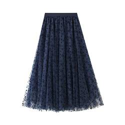 SotRong Tüllrock Blau Damen Midi Überlagerter Mehrlagiger Elastischer Hoch Taillierter A Linien Tutu Rock Mesh-Chiffon-Faltenrock mit Blumendekoration von SotRong