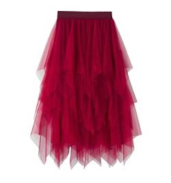 SotRong Tüllrock Rot Damen Karneval Asymmetrisch Midirock Elastisch Hohe Taille Plissee Stufendecke Sommerrock Elegant Mesh Ballett Hochzeit Party Abschlussball Tutu Rock von SotRong