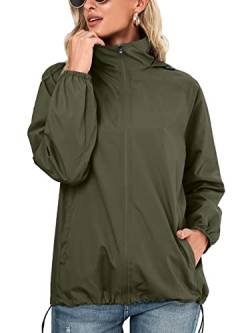 SotRong Wasserdichte Jacken Frauen Packbare Regenjacke Leichte Frühling Sommer Jacke Schnell Trocken Reißverschluss Outdoor Kapuzenjacke, armee-grün, 36 von SotRong