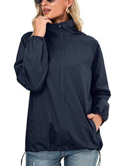 SotRong Wasserdichte Jacken Frauen Packbare Regenjacke Leichte Frühling Sommer Jacke Schnell Trocken Reißverschluss Outdoor Kapuzenjacke, marineblau, 36 von SotRong