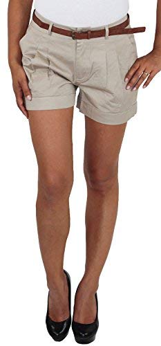 Damen Business Hot Pants Kurze Hose Shorts Panty Classic Stoffhose mit Gürtel Beige XL/42 von Sotala