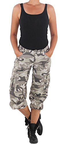 Damen Camouflage Cargo Shorts Capri Hot Pants Bermuda Kurze Army Armee 3/4 Hose # Beige XS/34 von Sotala