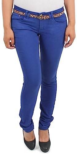 Damen Skinny Hose Hüftjeans Röhrenjeans Hüfthose Slim Fit Jeans in Blau mit Leoparden Gürtel von Sotala