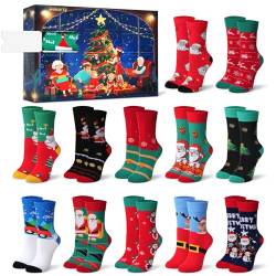 Souarts 12 Paare Weihnachtssocken Adventskalender 2023 Frauen, Erwachsene Kuschelsocken Damen Lustige Socken Baumwolle, Weihnachtskalender mit 12 Überraschungen Christmas Socks Geschenkset, Blau von Souarts