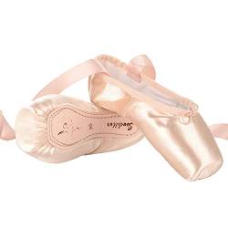 Soudittur Ballett Spitzenschuhe Satin Tanzschuhe Rosa Ballerinas mit Aufgenähten Bändern und Spitzenschoner für Damen Mädchen EU 37 von Soudittur