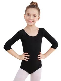 Soudittur Ballettanzug Mädchen, Kinder Ballett Trikot Baumwolle 3/4 Ärmel Ballett Body TanzBody Gymnastikanzug Turnanzug für Damen Größe 130, Schwarz von Soudittur