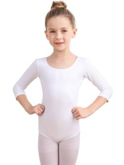 Soudittur Ballettanzug Mädchen, Kinder Ballett Trikot Baumwolle 3/4 Ärmel Ballett Body TanzBody Gymnastikanzug Turnanzug für Damen Größe 160, Weiß von Soudittur