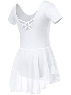 Soudittur Ballettkleidung Mädchen Ballettkleid für Kinder Baumwolle Balletttrikot Kurzarm Ballettanzug Tanzkleid Tanzbody mit Chiffon Rock Tütü(120,Weiß) von Soudittur