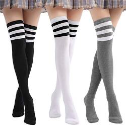 Soudittur Damen Kniestrümpfe Overknee Strümpfe Warme Knitting High knee Socks Mädchen Sport Socken Leggings Strümpfe Cheerleader Baumwollstrümpfe (3 Paare Schwarz + Weiß + Grau (B)) von Soudittur