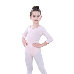 Soudittur Kinder Ballettanzug Baumwolle 3/4 Langarm Ballett Trikot Tanz-Body Turnanzug für Mädchen (Rosa, Tag 150(Höhe: 145-150 cm)) von Soudittur