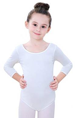 Soudittur Kinder Ballettanzug Baumwolle 3/4 Langarm Ballett Trikot Tanz-Body Turnanzug für Mädchen (Weiß, Tag 140(Höhe: 135-145 cm)) von Soudittur