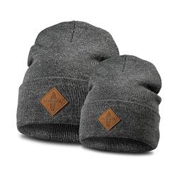 Soulbuddy Beanie - 2er Set Anthrazit | Partnerlook-Set | 1 Herren oder Damen Wintermütze (One Size - 54-62 cm) und 1 Kinder Strickmütze (Größe M - 45-49 cm) von Soulbuddy