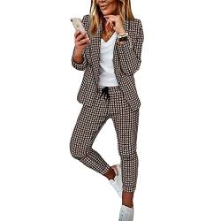 Soulolo Elegant Business Anzug Set Hosenanzug Blazer Zweiteiliger Anzug Langarm Anzugjacke Slim Set Einfarbig gestreiftes Quadrat Damenanzug 2 Stück von Soulolo