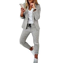 Soulolo Elegant Business Anzug Set Hosenanzug Blazer Zweiteiliger Anzug Langarm Anzugjacke Slim Set Einfarbig gestreiftes Quadrat Damenanzug 2 Stück von Soulolo