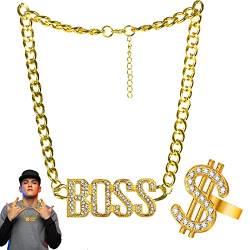 2 Stück Hip Hop Rapper Accessories, Dollar Zeichen Halskette Set, 80er 90er Hip Hop Kostüm Set, Inklusive Boss Zeichen Halskette, Verstellbare Länge, Dollar Ring, Für Unisex, Fasching, Party(Gold) von SoundZero