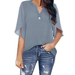 Soupliebe Damen Bluse Shirts V-Ausschnitt Halbarm Tunika Oberteile Doppellagiges Lässig Hemd Sommer Casual Locker Mit Flatterärmel Tops Elegant Einfarbig Chiffon T Shirt Sweatshirt Poloshirt von Soupliebe