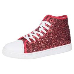 Soupliebe Damen Glitzer Sneaker Pailletten Schuhe, Karneval Rot Weiss Damen Glitzerschuhe für Damen Chucks Party Glamour Outfit Accessoires Damenschnürer Damenboots von Soupliebe