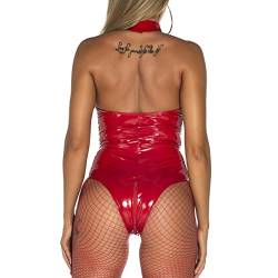 Soupliebe Leder Bodysuit Damen Sexy Wetlook Body Kleid Party Latex Kurze Strampler Clubwear Club Enge Slim Fit Cosplay Kostüm Playsuit Einteiler Partykleider Turnanzug Leotards Wäsche von Soupliebe