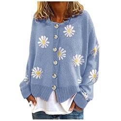 Soupliebe Strickjacke Damen Häkelweste Folklore Cardigan Langarm Gänseblümchen-Print Dünne Strickjacke Herbst Pullover Mantel Cordjacke Lässige Lose Strickweste Bunt Winter Strickmantel von Soupliebe